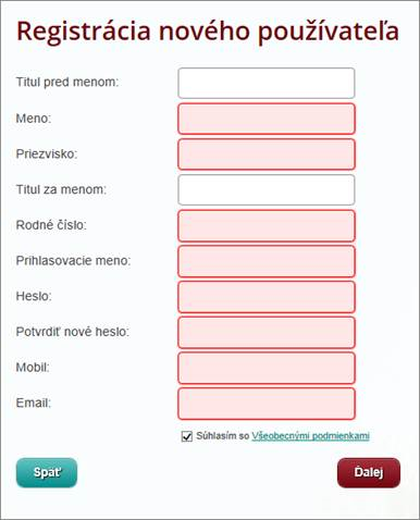 Registrácia nového používateľa