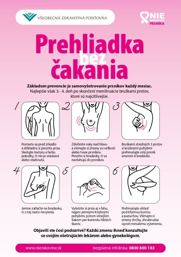 Samovyšetrenie prsníka s textovým popisom pod obrázkom
