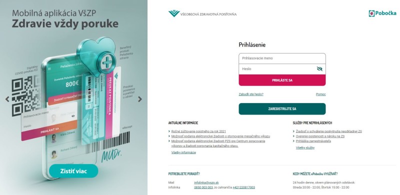 ePobocka Vstupná stránka do ePobočky