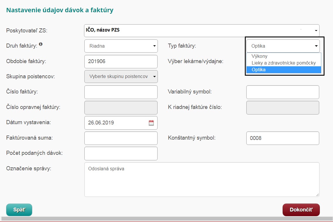 Obrazovka - nastavenie údajov dávok Obrazovka ePobočky: Nastavenie údajov dávok