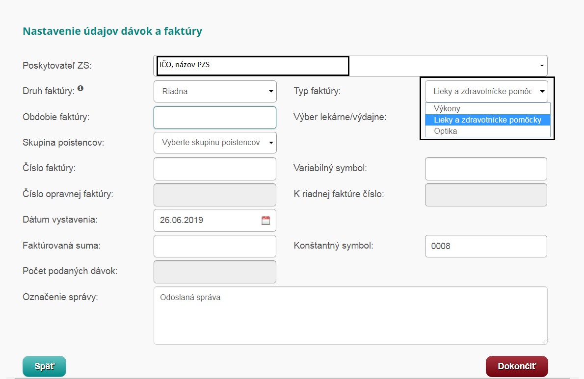 Obrazovka nastavenia údajov dávok Obrazovka ePobočky: Nastavenia údajov dávok