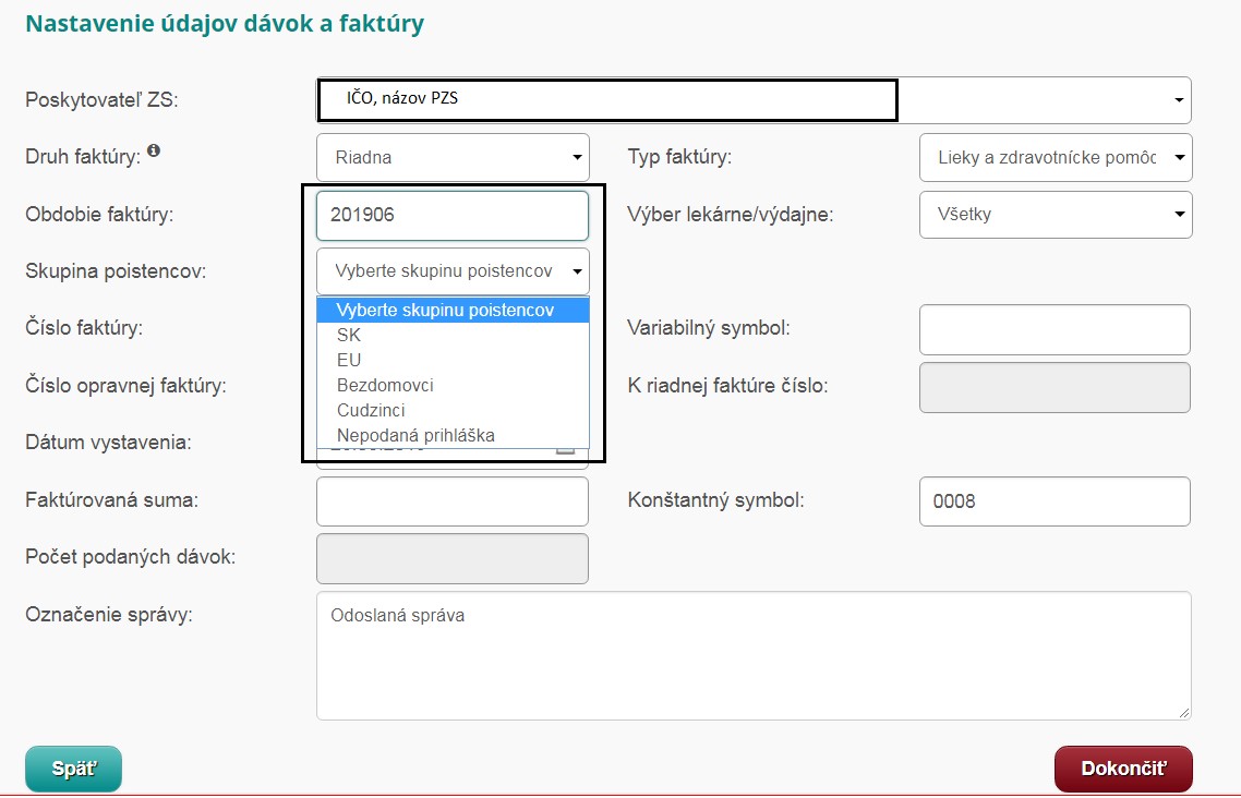 Obrazovka nastavenia údajov dávok - skupina poistencov Obrazovka ePobočky: Nastavenia údajov dávok - skupina poistencov