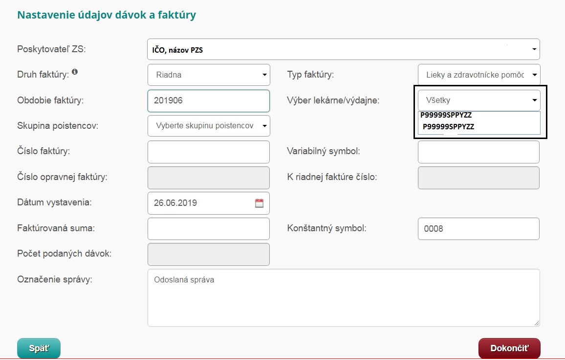 Obrazovka nastavenia údajov dávok Obrazovka ePobočky: Nastavenia údajov dávok