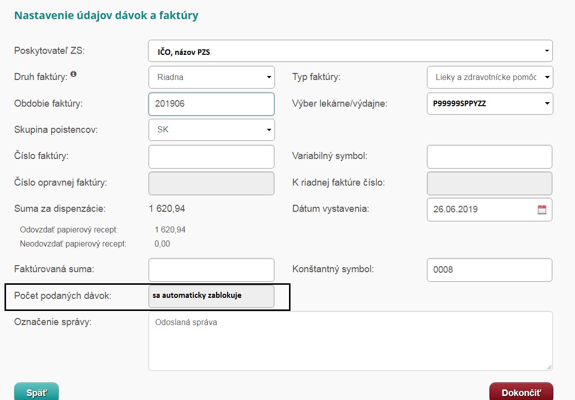 Obrazovka ePobočky: Počet podaných dávok