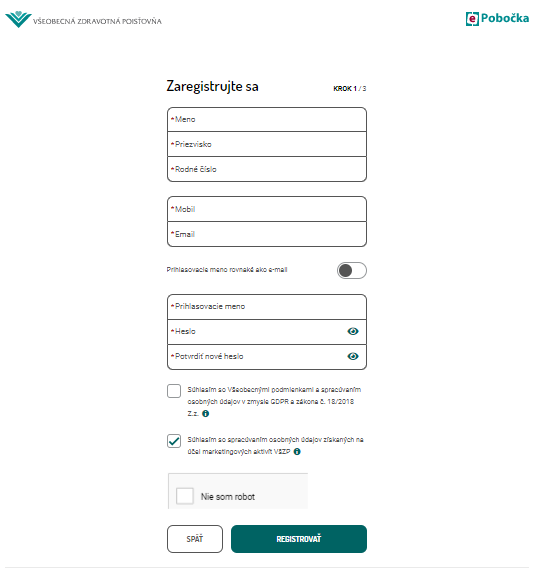Registrácia nového používateľa obrazovka ePobočky: Registrácia nového používateľa