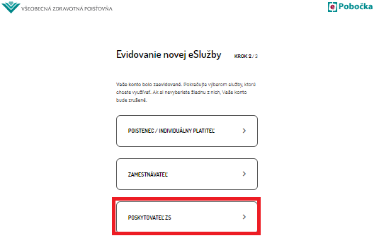 Žiadosť o novú službu obrazovka ePobočky: Žiadosť o novú službu