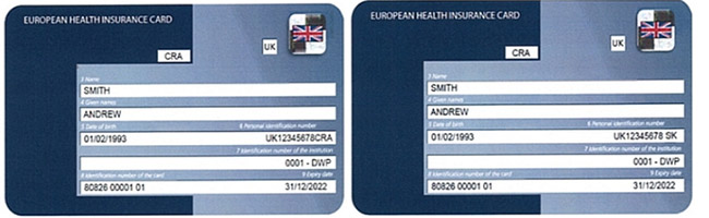 Vzor britského EHIC s označením CRA Vzor britského EHIC s označením CRA
